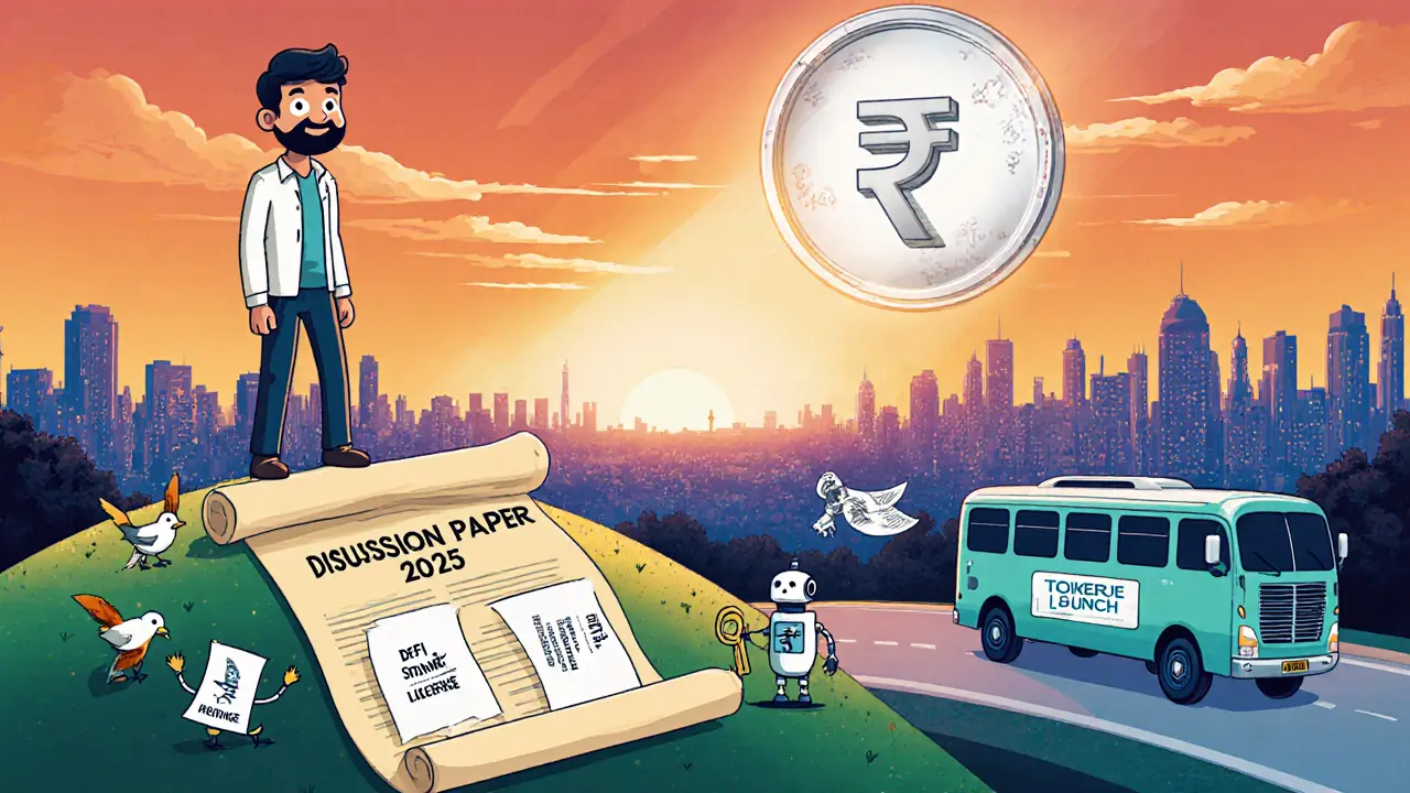 Young entrepreneur looking at a glowing digital rupee and a scroll of crypto legislation on a horizon.