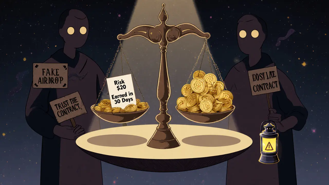 A balance scale comparing a small investment of BonusCake to earned CAKE, with warning signs nearby.