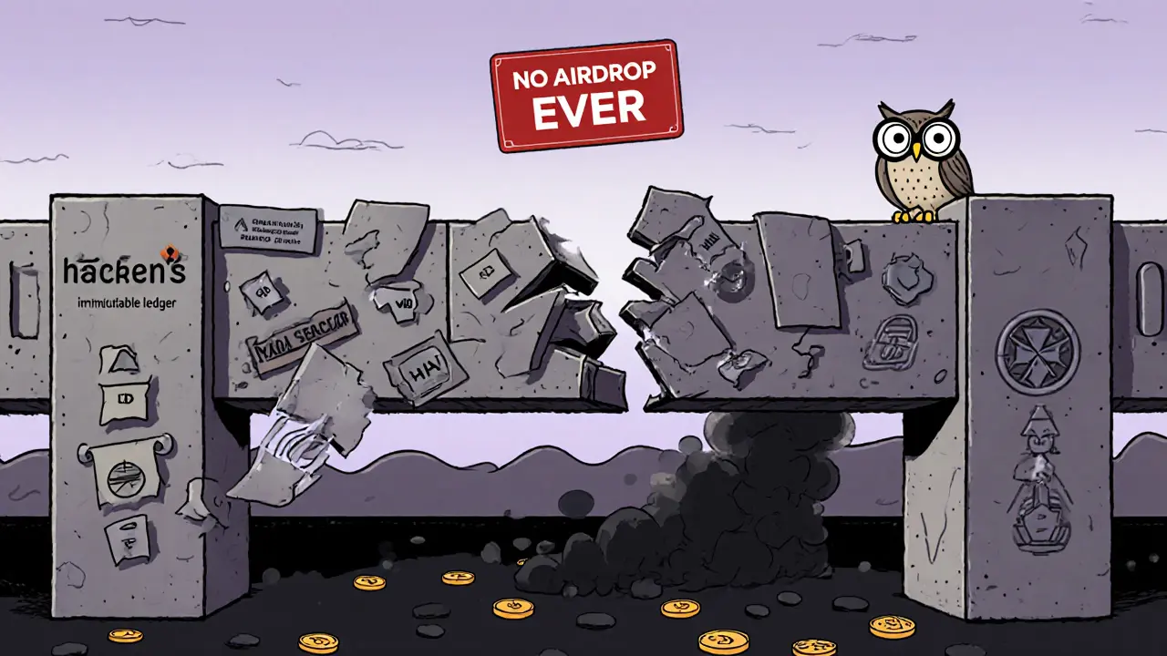 A broken blockchain bridge collapses into darkness, with Hacken's tools intact on one side and scattered tokens on the other.