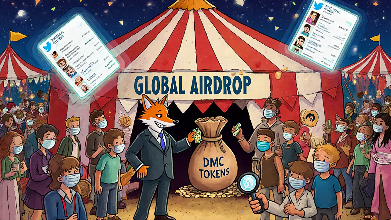 A carnival tent lures people into giving away wallets as a fox steals them, with bot avatars floating above.
