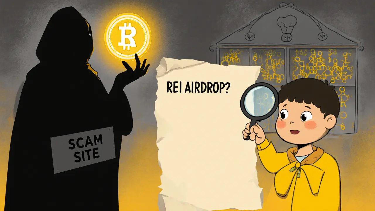 A child examining a fake airdrop parchment while a scam figure offers a fake token nearby.