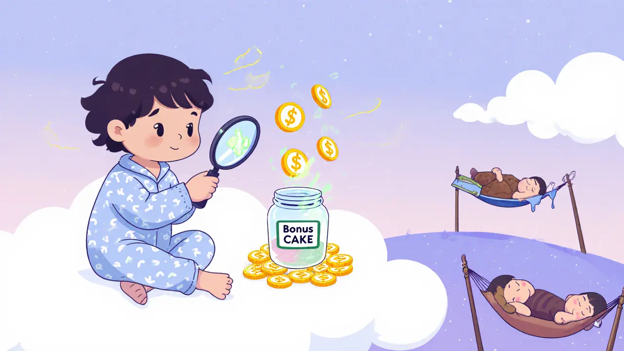 A child on a cloud watching CAKE tokens float up from a BonusCake smart contract with no need to click.