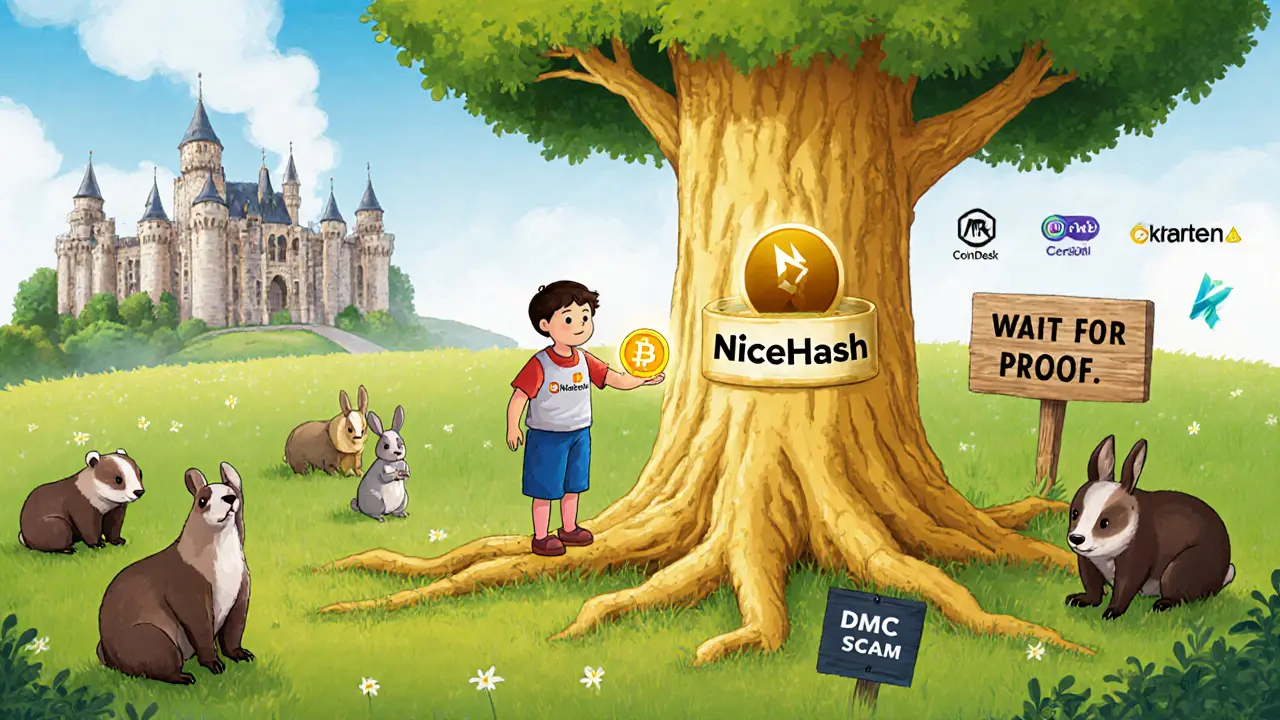 A child plants a real crypto token in a peaceful meadow while a scam castle crumbles in the distance.