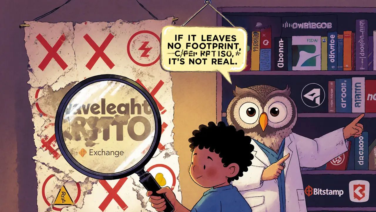 A child uses a magnifying glass to expose a fake crypto exchange poster, guided by a wise owl.