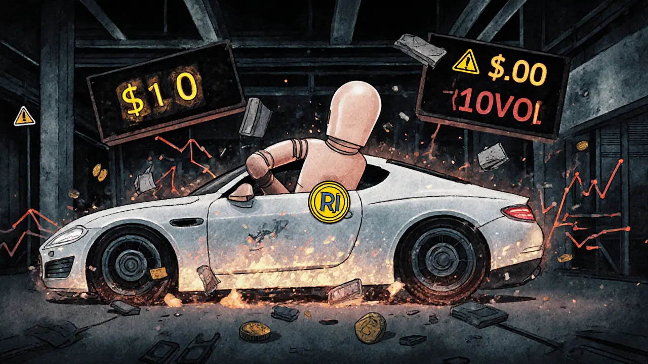 A crash test dummy with a REI token badge crashing into a wall of high gas fees and blockchain errors.
