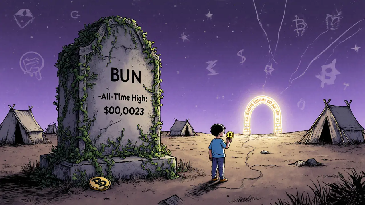 A crumbling monument to BUN&#039;s past high in a barren digital wasteland, with a child gazing at a fading future.