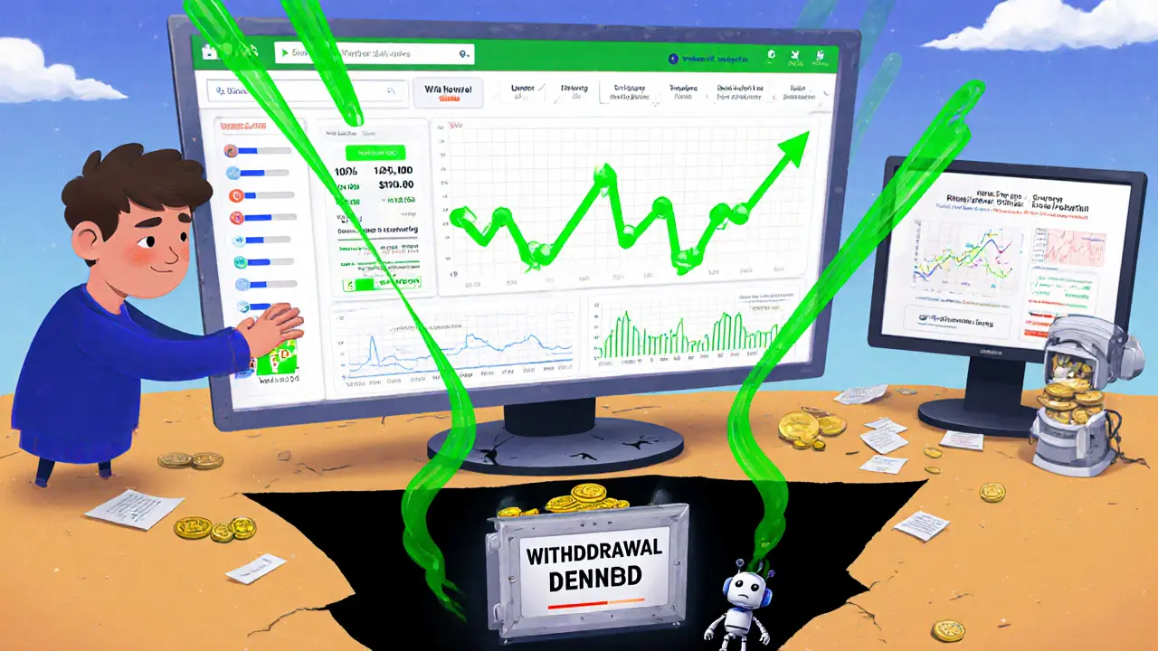 A deceptive trading screen with fake profits above and a hidden withdrawal trap below, surrounded by fake traffic stats.