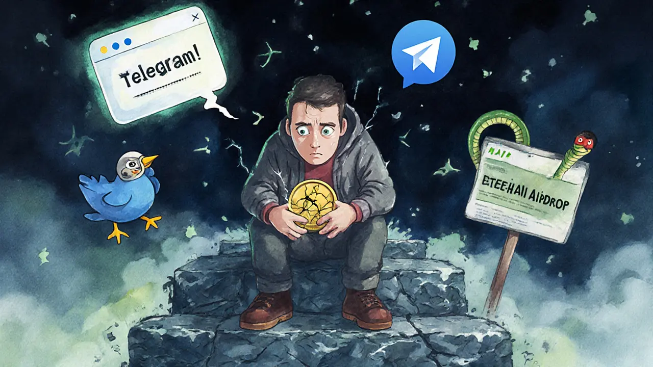 A desperate holder clutches a fading HAI token while false airdrop scams float around them in a moonlit scene.