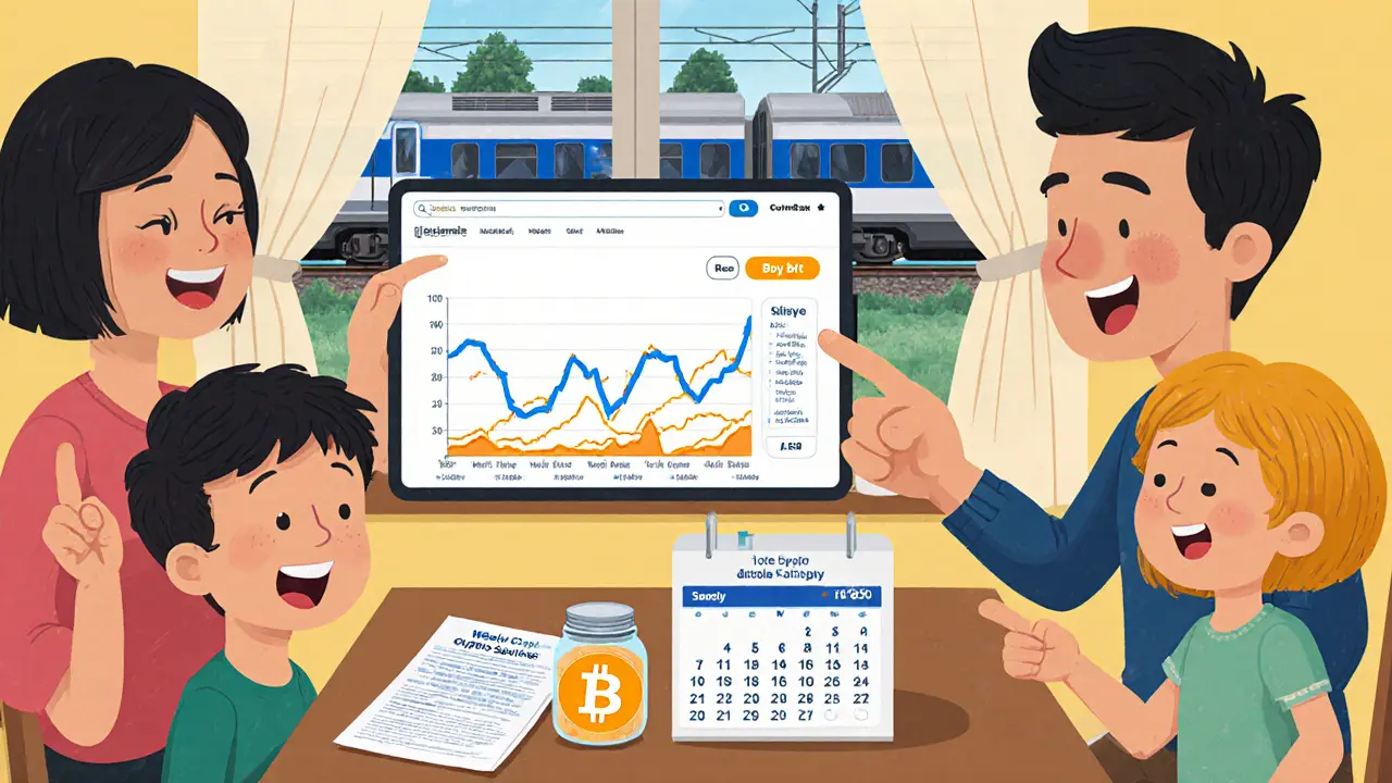 A family in Bratislava watches Bitcoin grow on a tablet while saving weekly with Coinmate, no mobile phone in sight.