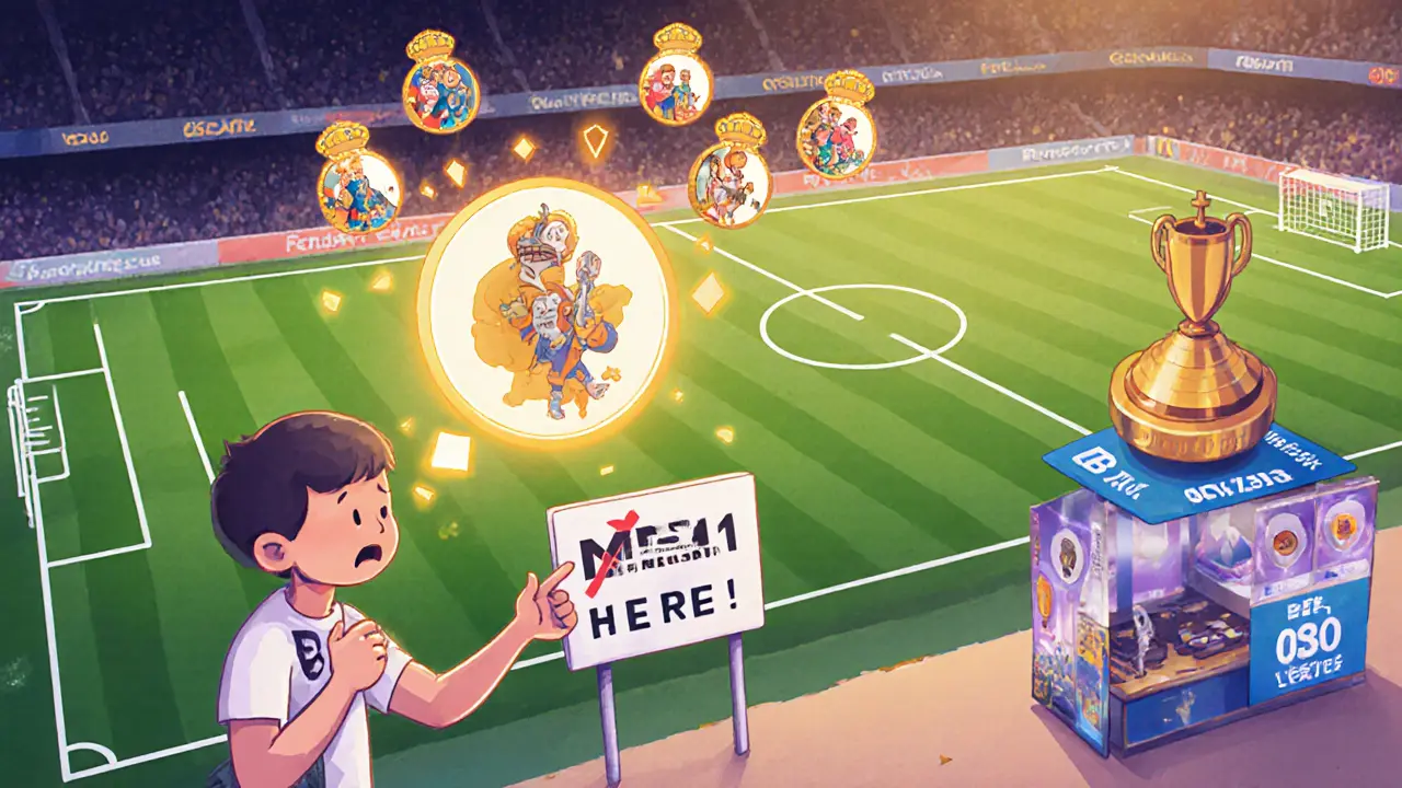 A fan connects a wallet to a digital football field as a robot guide points to &#039;No Ethereum Here!&#039; and NFTs hover nearby.