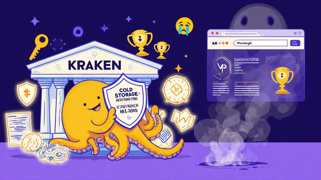 A friendly Kraken octopus stands safely amid security symbols while &#039;Wavelength&#039; dissolves into smoke.