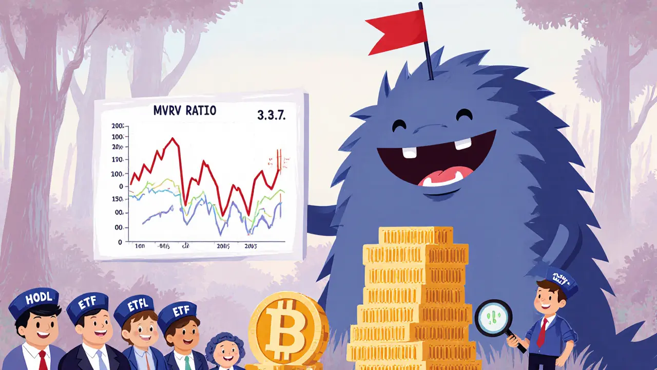 A friendly MVRV Ratio monster stands beside a price chart, with investors watching as a NUPL meter glows nearby.