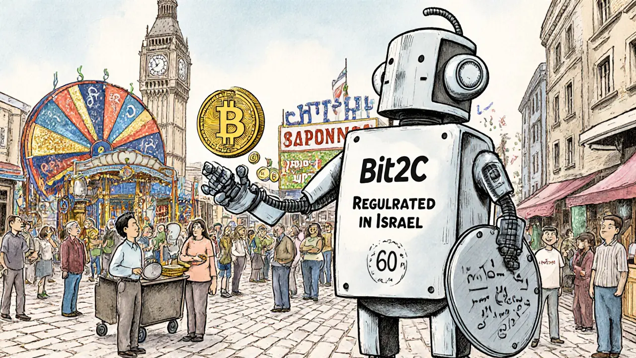 A friendly robot named Bit2C offering crypto to locals in Tel Aviv, with a &#039;Regulated in Israel&#039; shield.