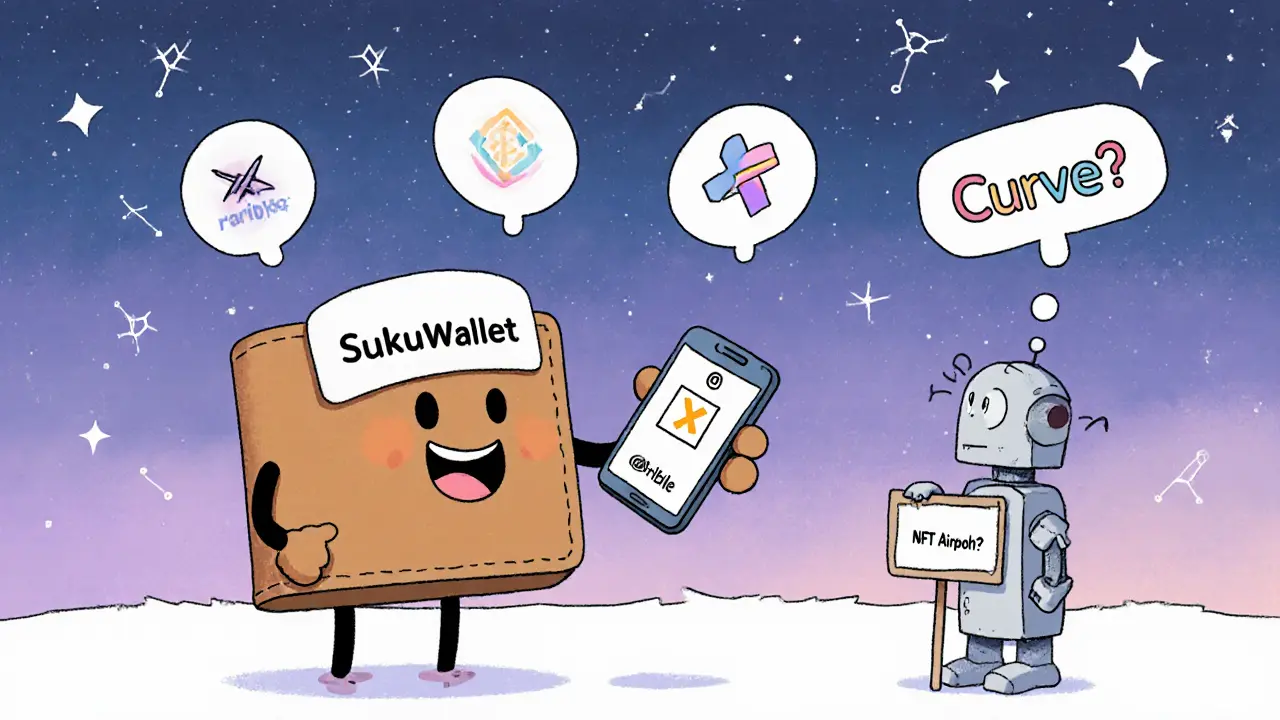 A friendly SukuWallet character shakes hands with a person using their X handle to send crypto.