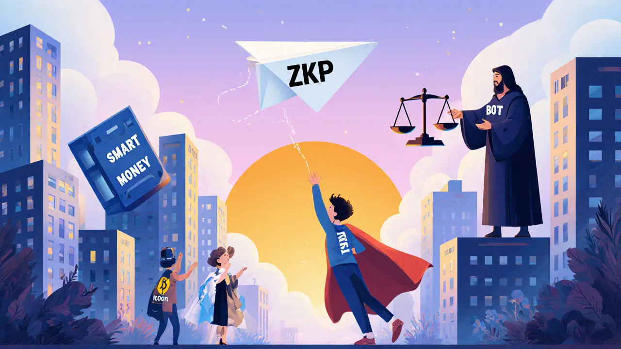 A futuristic city of blockchain buildings shows citizens labeled &#039;Smart Money&#039; and &#039;Bot&#039; under a sunset with regulators balancing transparency and privacy.