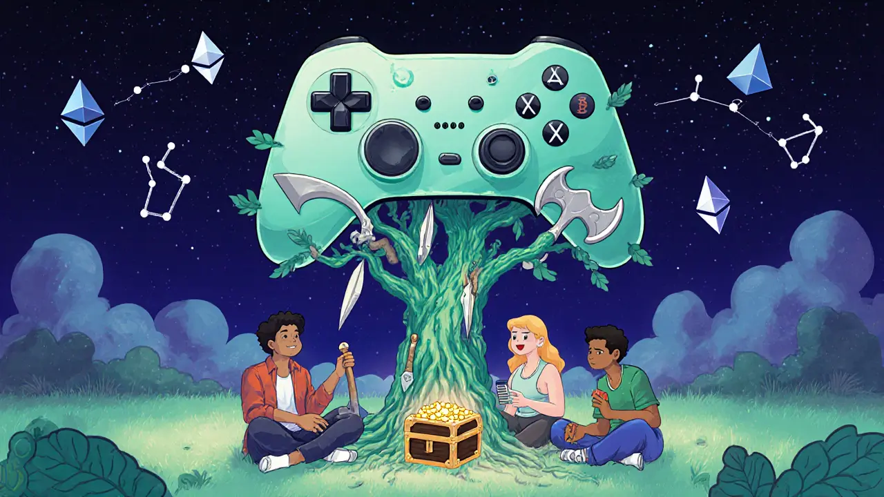 A game controller transforms into a living tree with AI-evolving weapons, surrounded by diverse players.