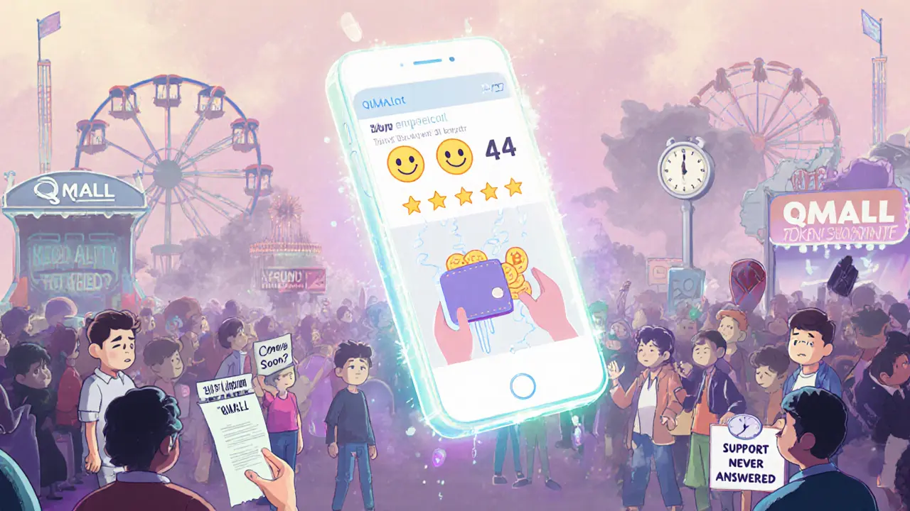 A glowing phone with high ratings but invisible hands draining crypto, users frustrated as support fails and a fake metaverse looms.