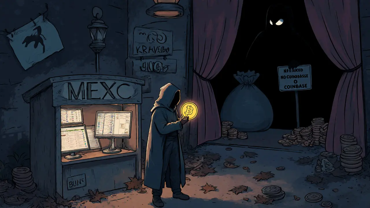 A lone trader at a small exchange booth with empty screens, surrounded by abandoned trading signs.