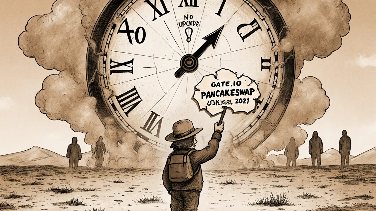 A lone traveler in a digital wasteland with a broken compass pointing to obscure exchanges and a clock frozen at 2021.