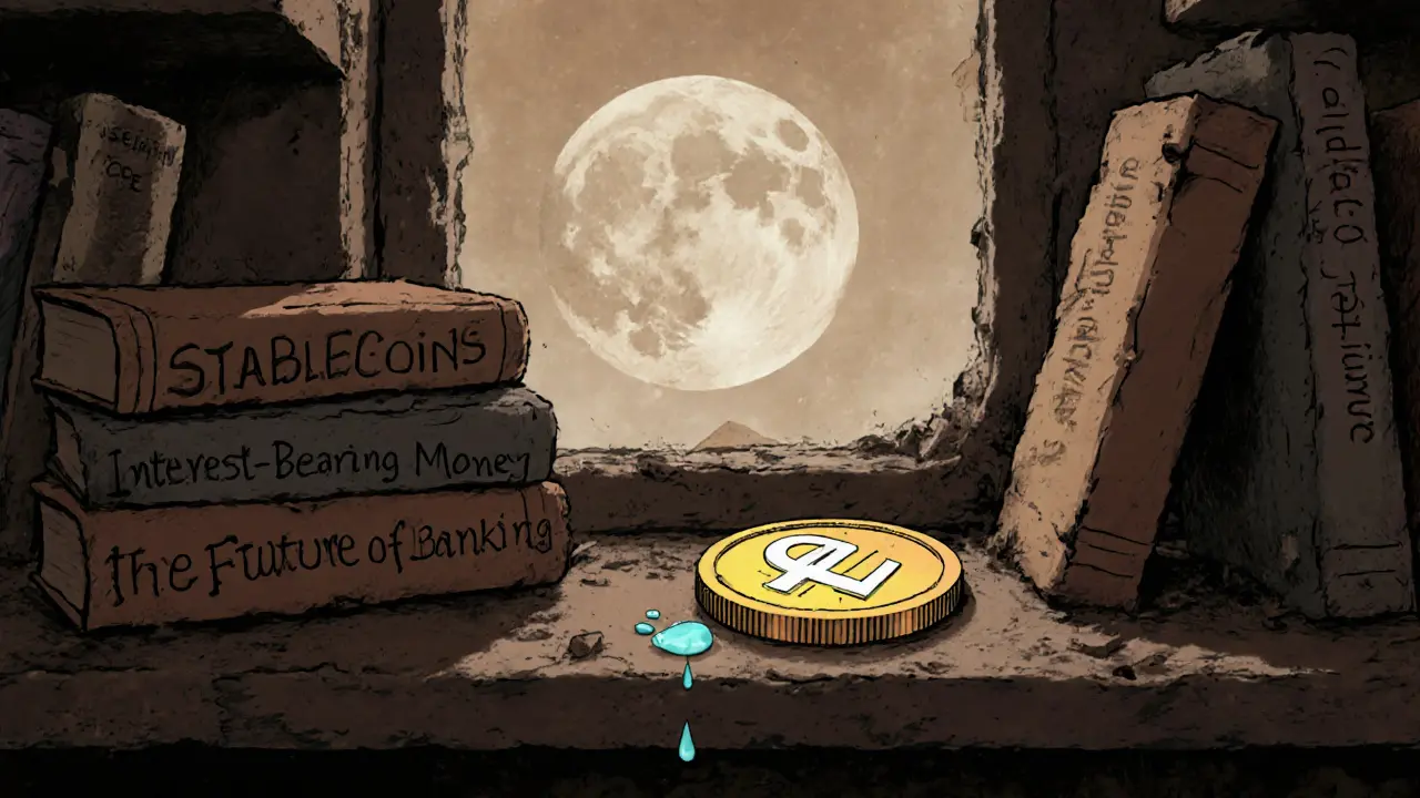 A lonely, dimmed eEUR token on a dusty shelf among crumbling finance books, under a moon-shaped blockchain node.