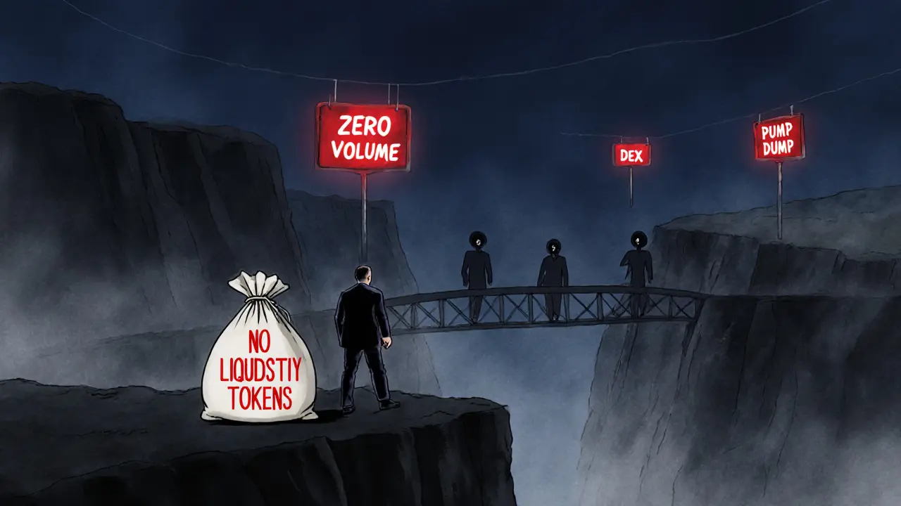 A lonely investor stands at the edge of a foggy canyon labeled &#039;No Liquidity&#039;.