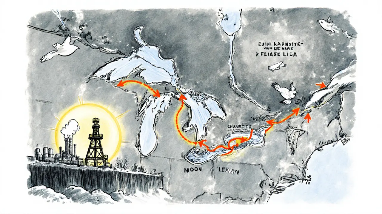 A map showing miners fleeing New Brunswick for Alberta, leaving behind a frozen mining site.