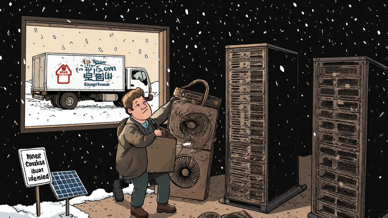 A miner packing up equipment as NB Power refuses connection, snow falling outside.