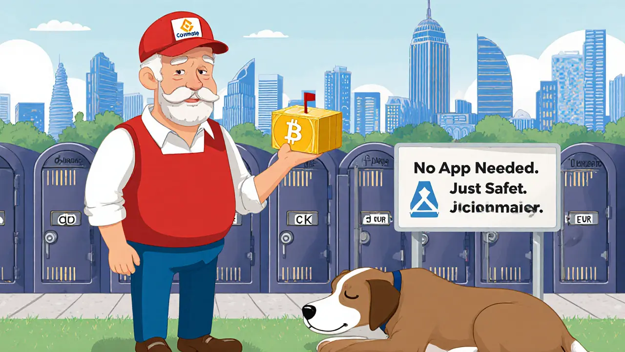 A postal worker delivers a Bitcoin package to a mailbox labeled EUR and CZK, with cold storage vaults in the background.