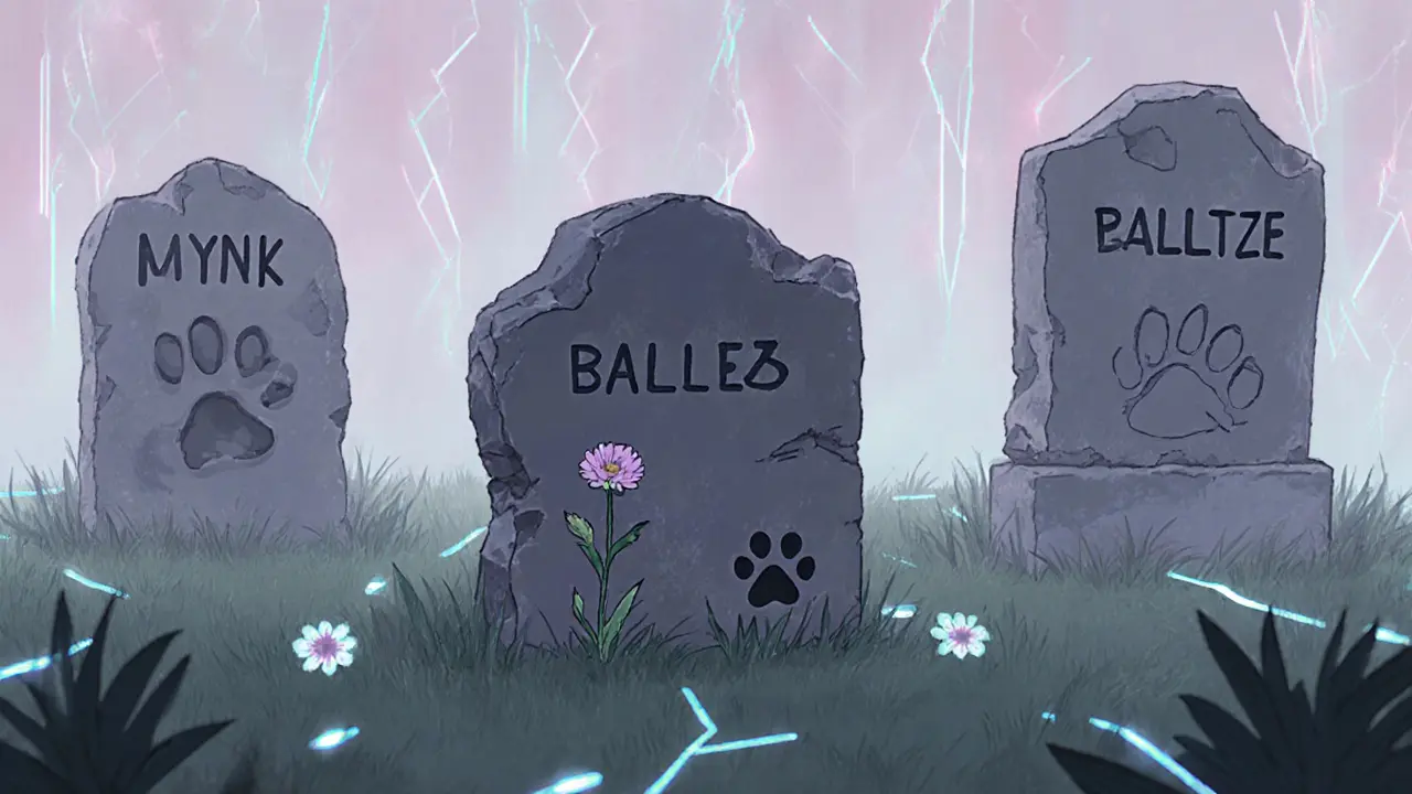 A quiet crypto graveyard with a small stone marker for BALLTZE marked by a dog paw print and a flower.