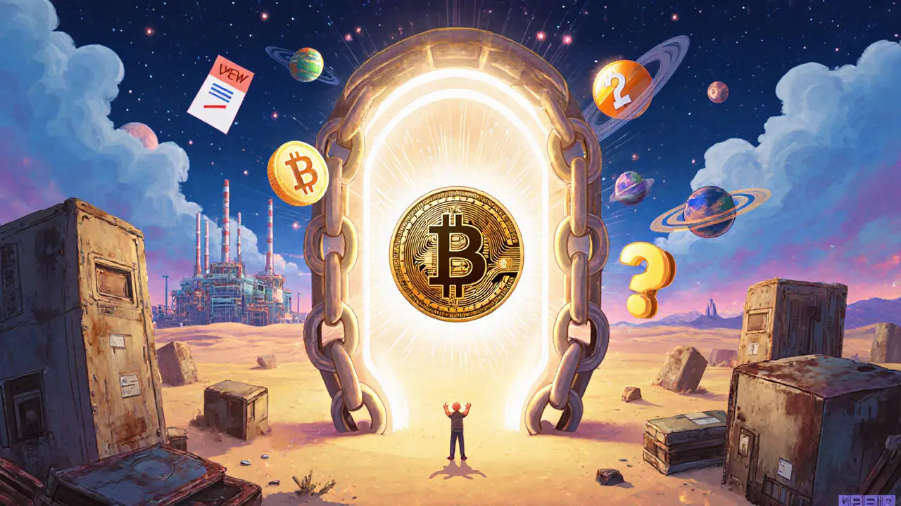 A radiant NFT hovers above a desert of old mining gear, with floating symbols of future utility, as a hand reaches toward it from below.