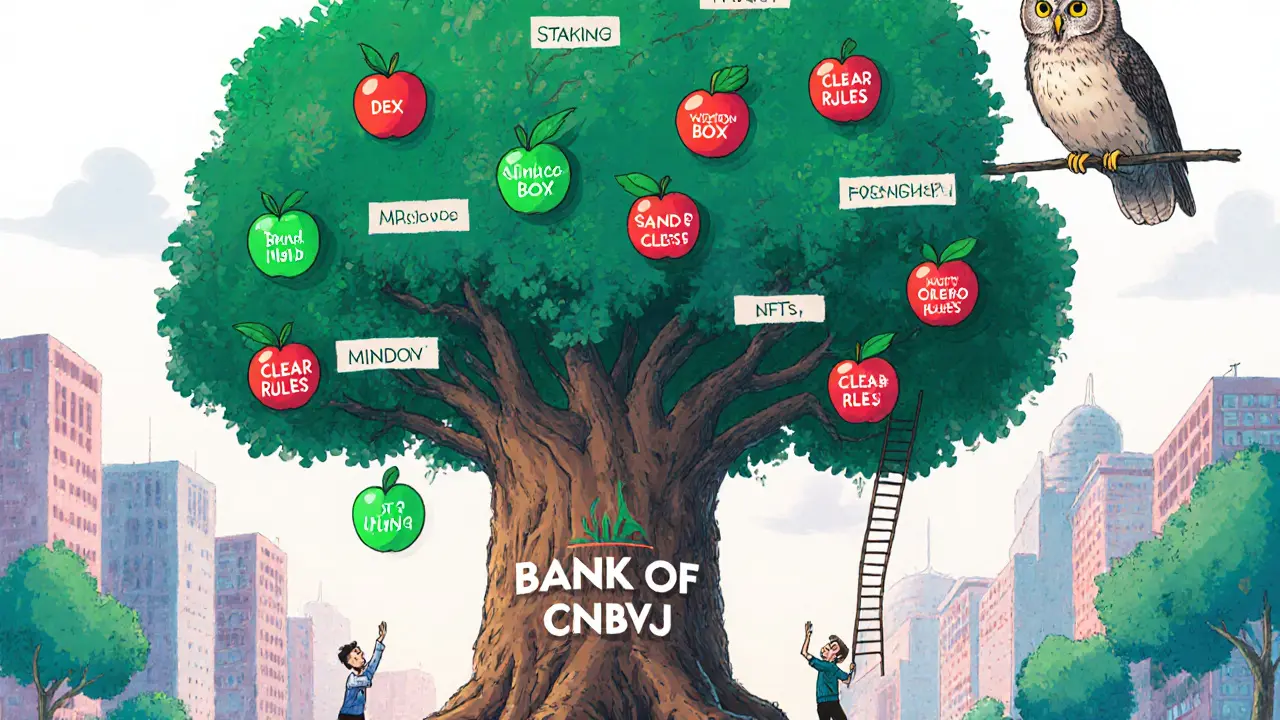 A regulatory tree with labeled fruits representing crypto activities in Mexico.