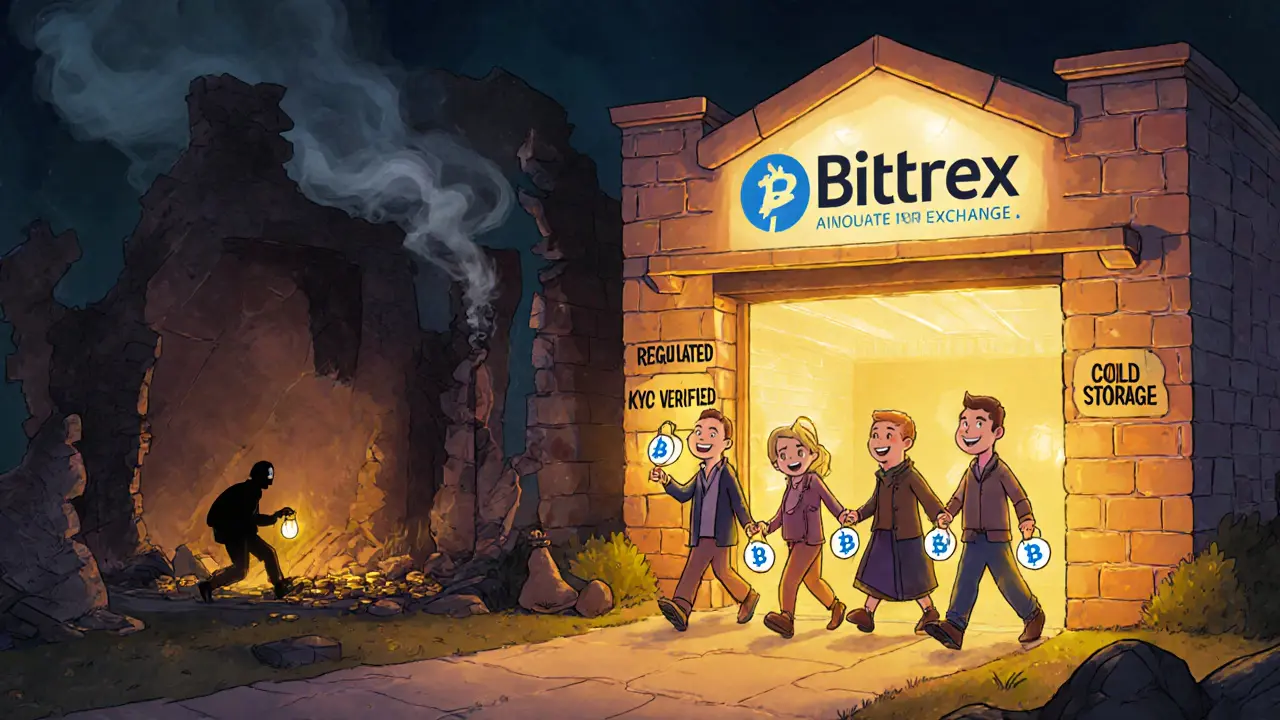 A safe, regulated exchange beside a crumbling scam ruin, with informed traders walking toward safety.