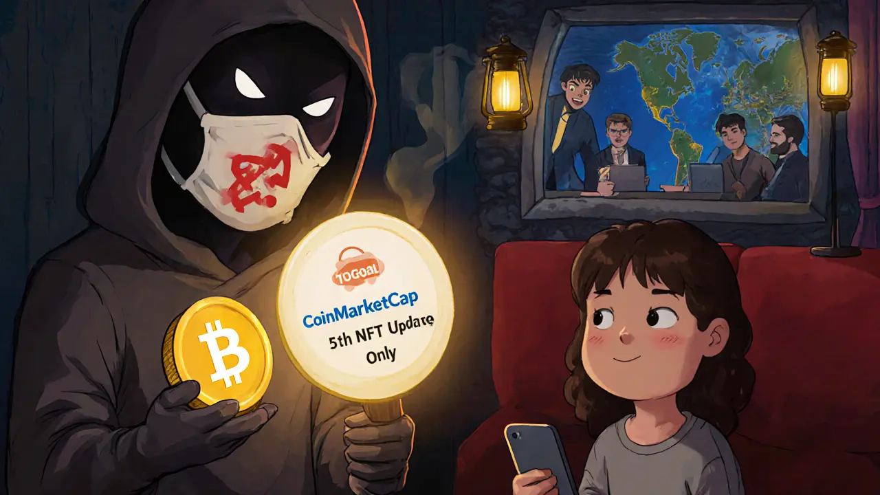 A scammer lures a fan with a fake airdrop portal while the real TopGoal team builds a mobile app in the background.