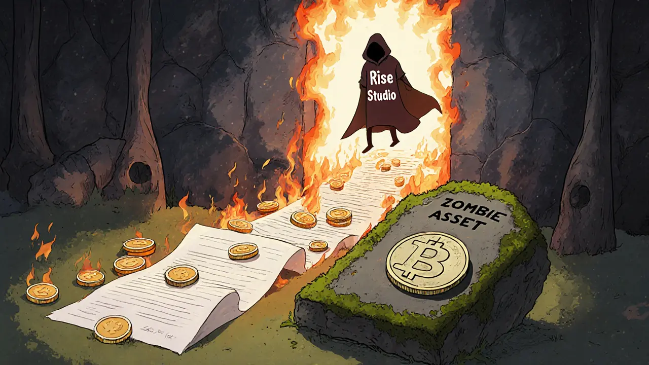 A shadowy figure vanishing through a portal of burning whitepaper, leaving behind golden coins that turn to ash.