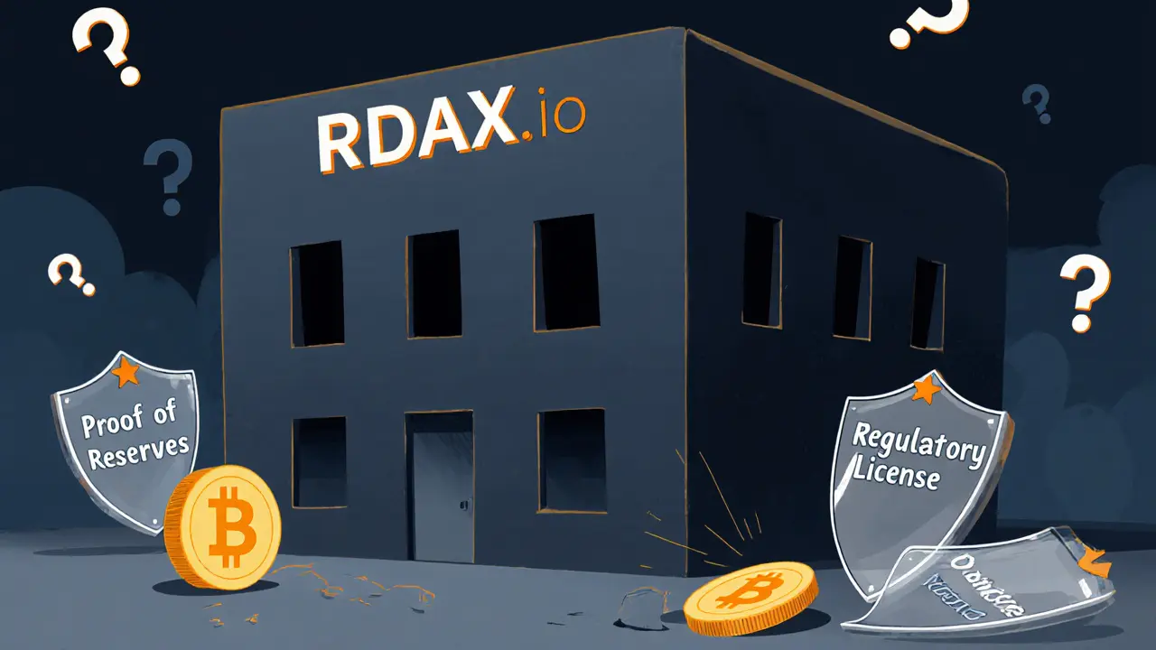 A silent, faceless RDAX.io building surrounded by floating question marks and broken trust symbols.