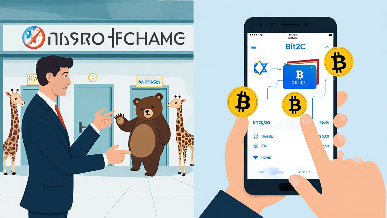 A split scene showing frustration with global exchanges vs. ease of using Bit2C with Israeli shekels.
