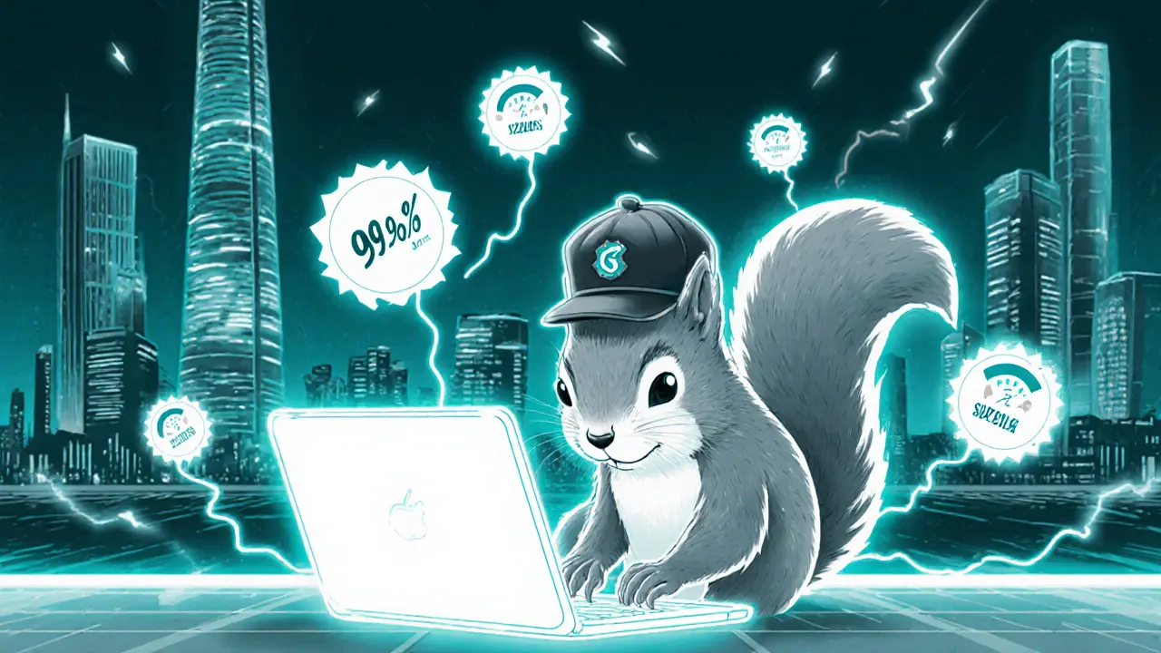 A squirrel types on a glowing laptop in Singapore, surrounded by speed icons and a futuristic city skyline.
