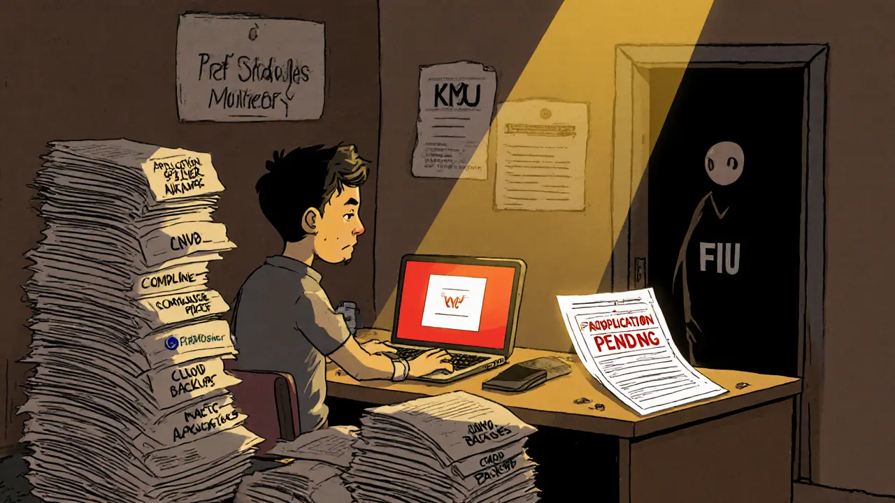 A startup founder overwhelmed by compliance paperwork under watchful eyes.