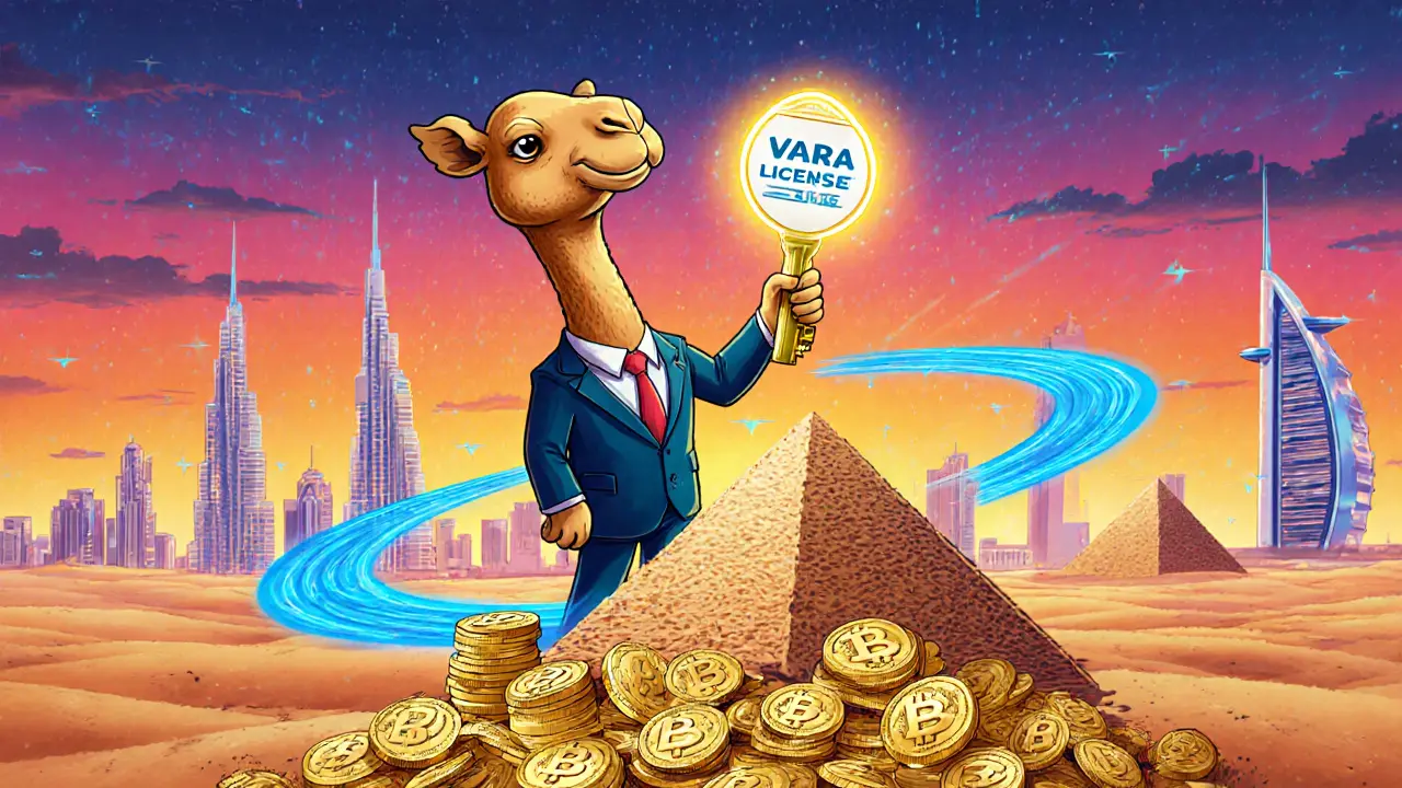 A suited camel stands on a coin pyramid in the desert, holding a glowing VARA license key under a sunset.