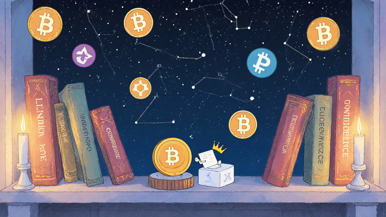 A tiny crowned SXC token votes on a shelf of DeFi books under a starry night sky.