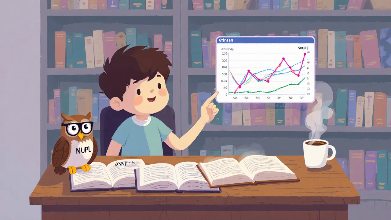A trader studies on-chain metrics like MVRV and NUPL with the help of a wise owl and a glowing Etherscan screen.