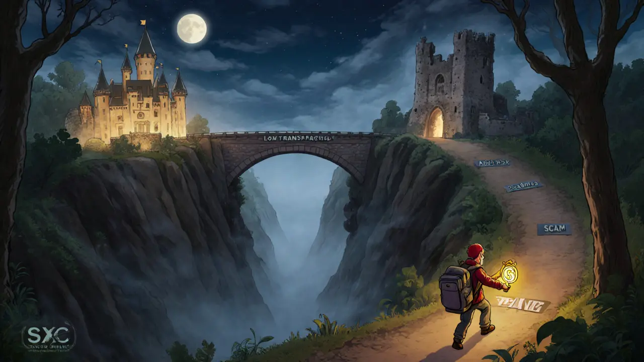 A traveler chooses a safe path toward transparency while avoiding a scam tower in a misty canyon.