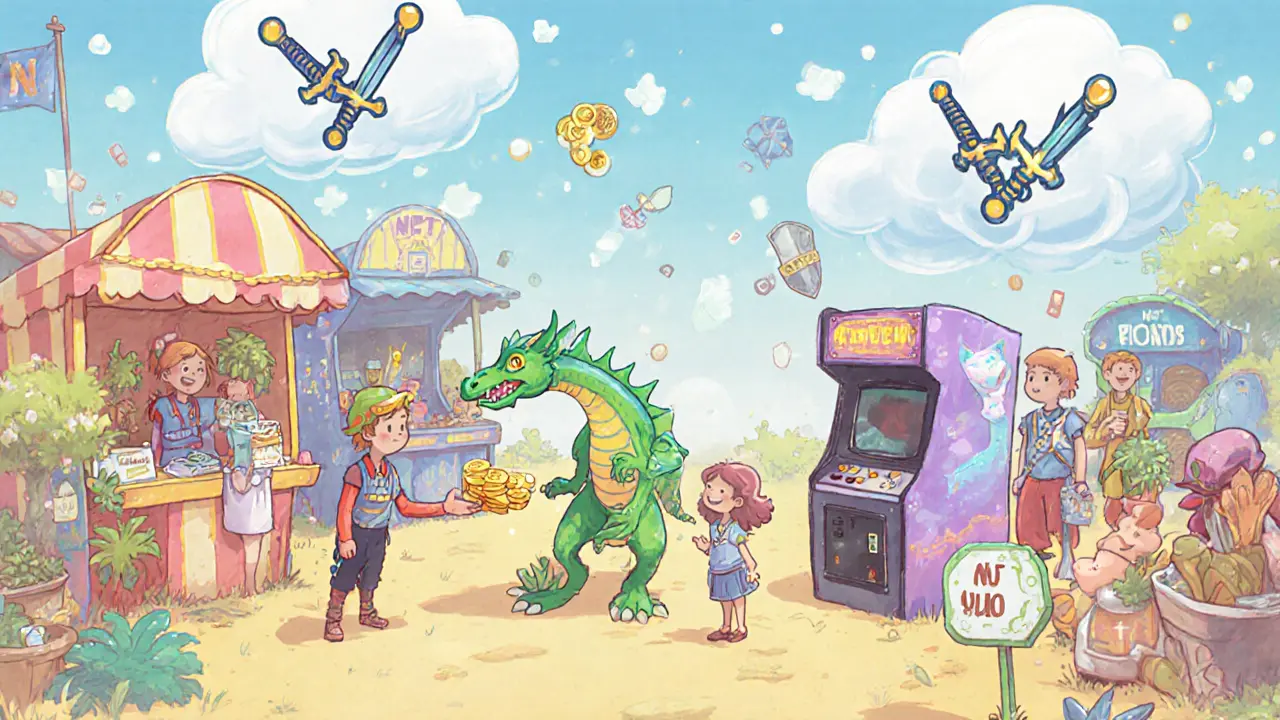 A vibrant virtual marketplace where players trade NFTs, land, and skins in a whimsical metaverse setting.