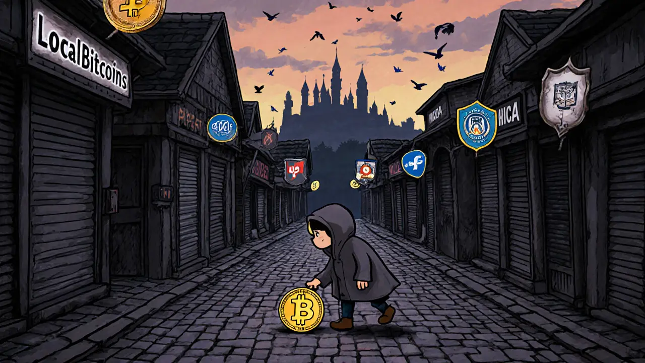 Abandoned LocalBitcoins marketplace at dawn, with a child picking up a lone Bitcoin as regulatory castles loom in the distance.