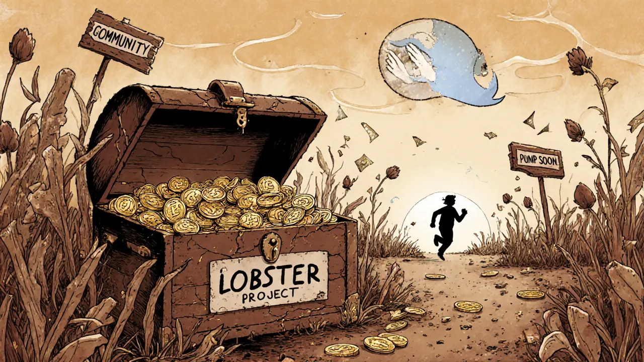 An abandoned treasure chest overflows with worthless coins under fading tweets.