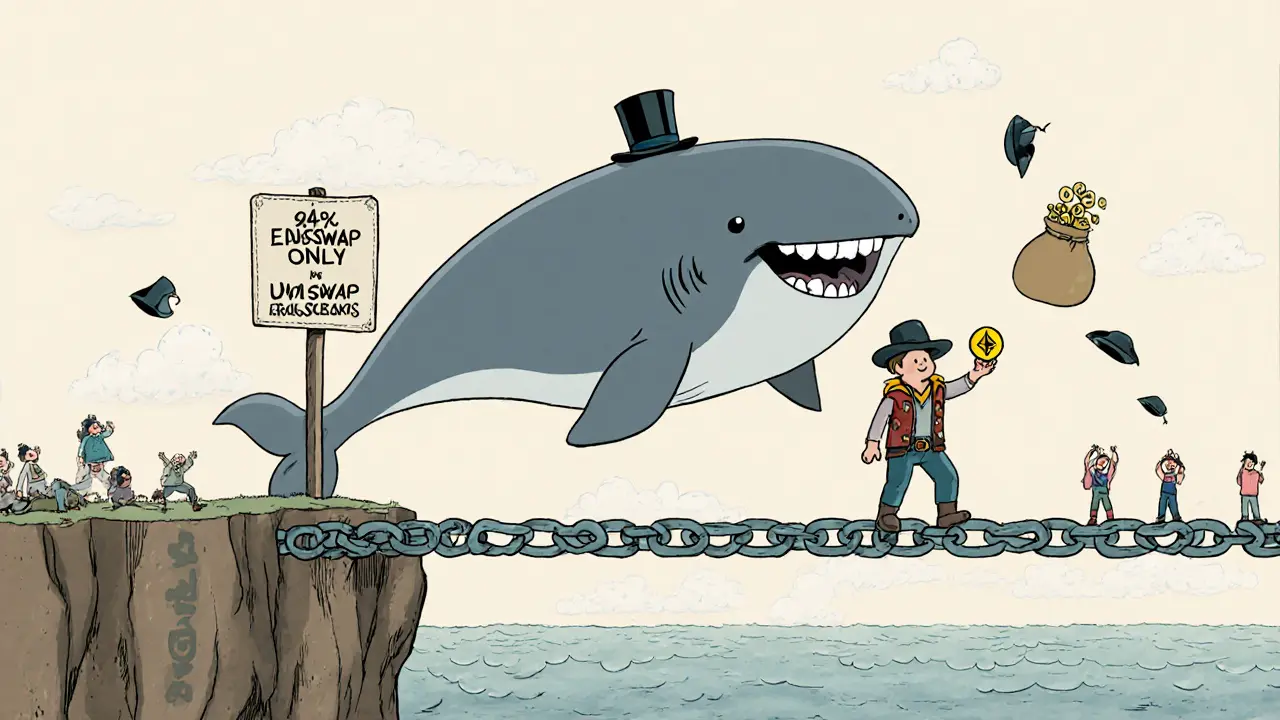 An adventurer stands on a fragile blockchain bridge as a whale dumps tokens into the ocean below.