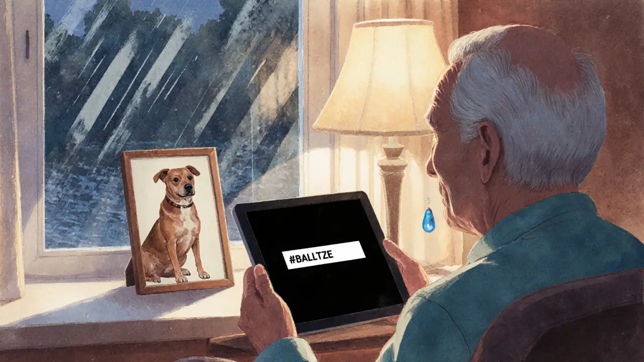An elderly person holding a tablet showing the BALLTZE token address, with a photo of Cheems dog beside them.