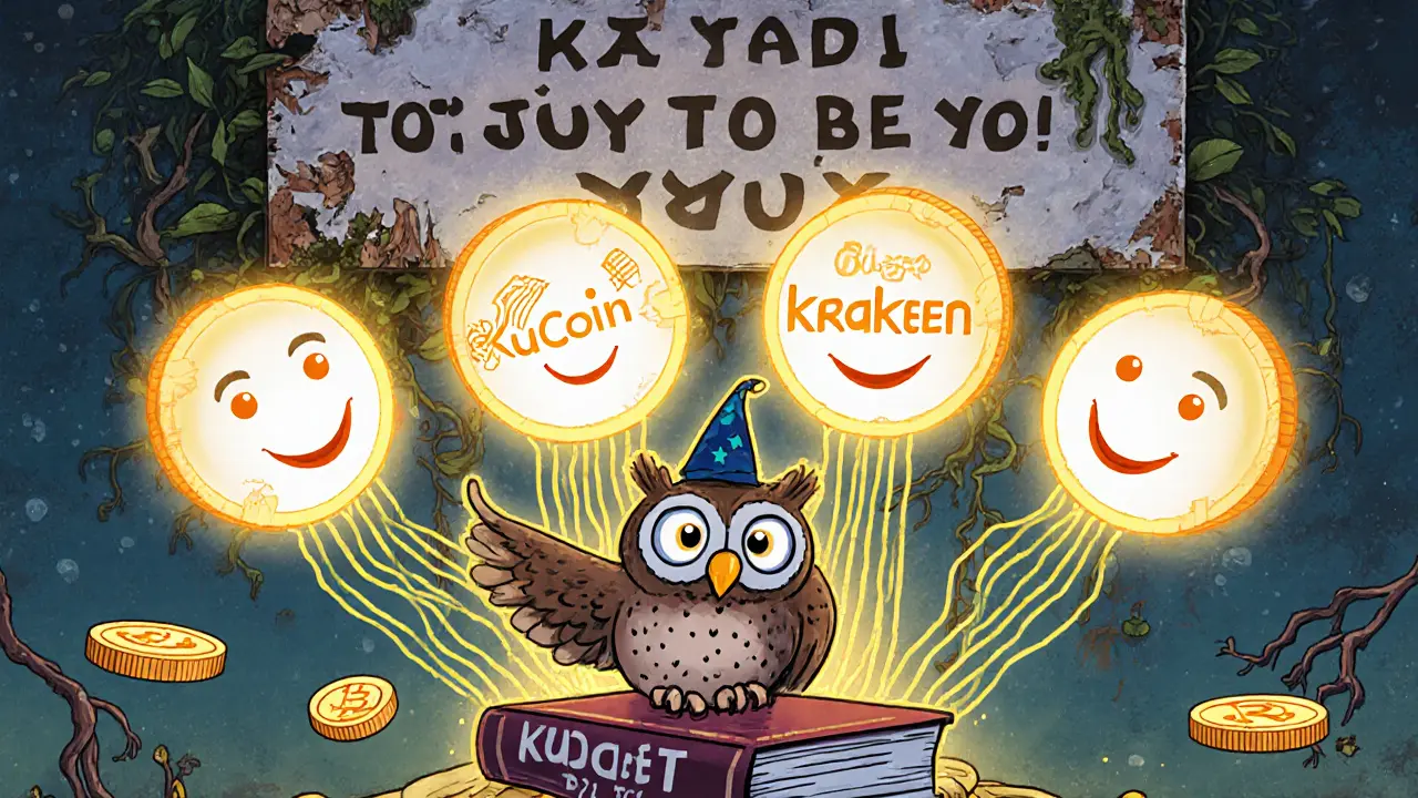 An owl guiding users toward trusted crypto exchanges, while RDAX.io crumbles into moss and vines.