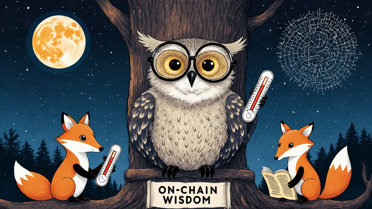 An wise owl teaches foxes about on-chain metrics under a starry sky shaped by Bitcoin transactions.