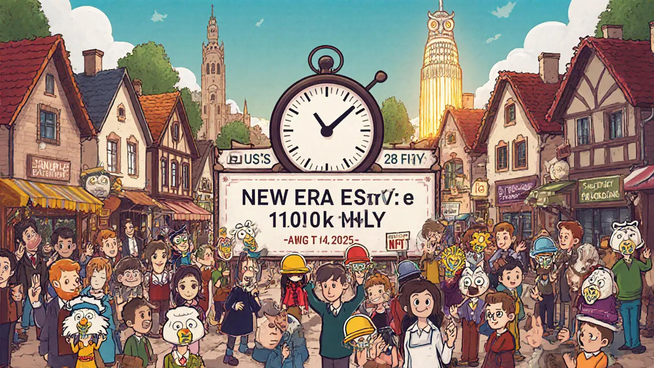 Everyday people hold unique mining-helmet NFTs in a fairy-tale crypto market, with a giant &#039;1,000 ONLY&#039; sign and an owl guiding them to the official tower.